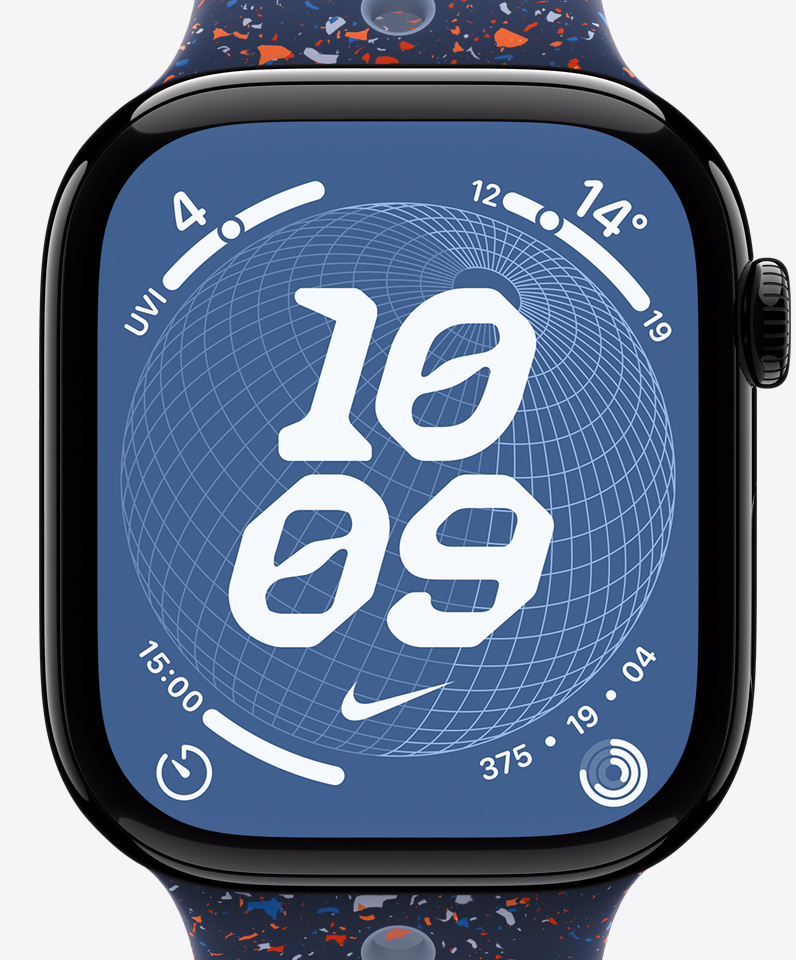 Nike Globe watch face, time, Nike Swoosh, complications: UV index, weather, timer, Activity rings