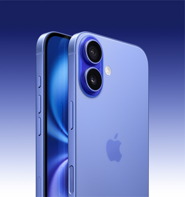 iPhone 16 in Ultramarine finish, partial-screen display and side angle shows — Action, volume and side button. Back exterior shows advanced dual-camera system in top left corner.