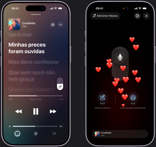 O iPhone à esquerda mostra o modo Apple Music Sing com a música “Crushinho” de Céu. O iPhone à direita mostra o modo Apple Music Sing com emojis de coração subindo na tela, o ícone de microfone no meio da tela e ícones “Vocais da Música” e “Reverberação do Microfone” na parte inferior