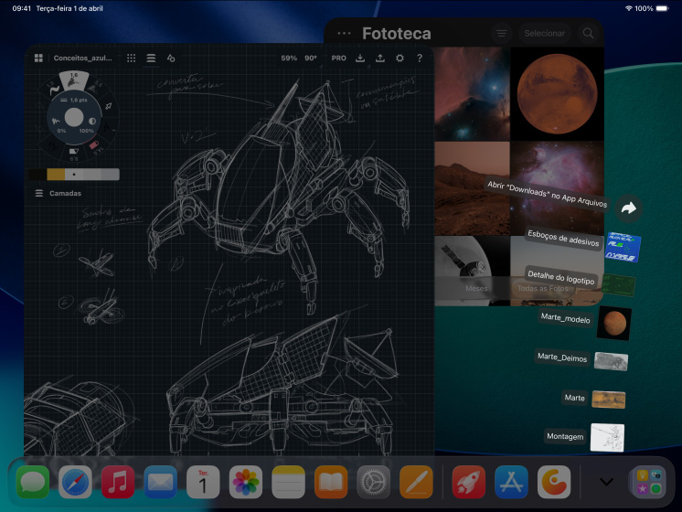 Parte da frente de três aparelhos iPad Pro preto-espacial na horizontal, Apple Pencil Pro sobre o iPad Pro, três telas mostram apps de edição de fotos com projetos abertos de uma modelo em um fundo vermelho, desenhos de projetos mecânicos com ferramentas de ajuste de cores, biblioteca de fotos, pasta de downloads em formato de leque, software de modelagem 3D com formas geométricas e anotações e fórmulas escritas à mão