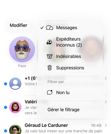 L’app Messages montrant les nouveaux outils de filtrage qui classent les numéros inconnus dans la section des contacts inconnus