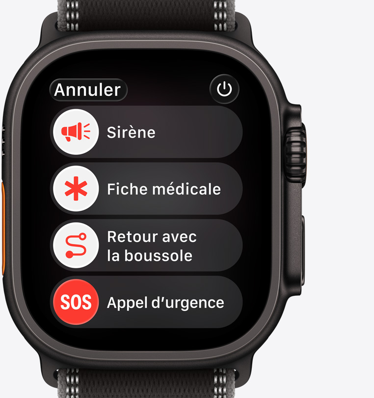 Apple Watch Ultra 3, boîtier en titane, noir, options d’assistance immédiate à l’écran : fiche médicale, retour avec la boussole, appel d’urgence