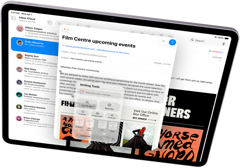 Landscape view of iPad Air showcasing Apple Intelligence, with Writing Tools and Mail