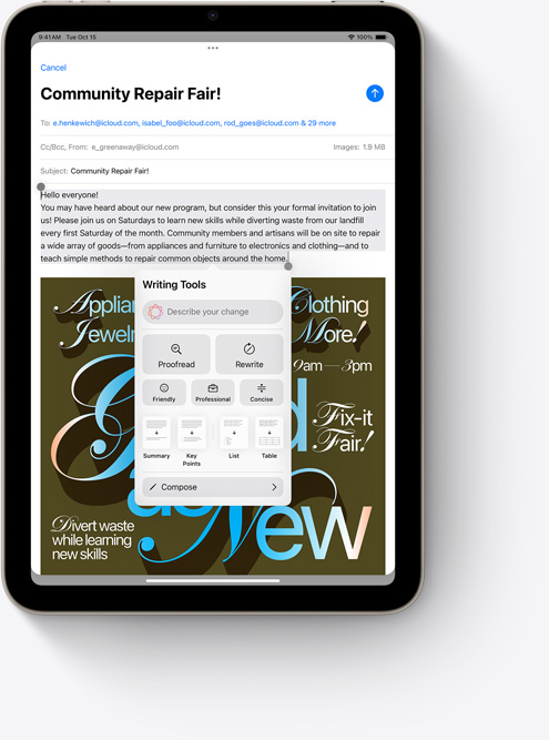 iPad mini showing Writing Tools in Mail, a new Apple Intelligence feature.