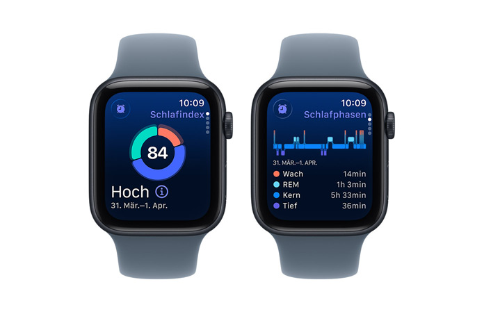 Apple Watch SE 3, Schlafindex, rundes Diagramm und Zahlenwert, Schlafphasen analysiert Wach, REM, Kernschlaf and Tiefschlaf Phasen