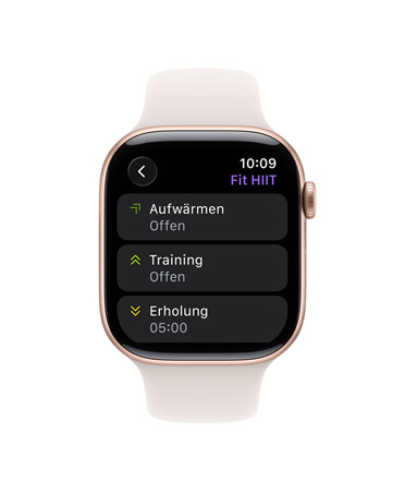 Apple Watch Series 11, Farbe Gold, Titangehäuse, Trainingsapp, Karte für eigenes Training, Armband, Sportarmband Blassrosa