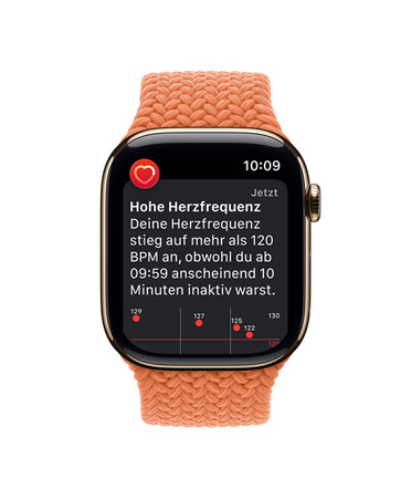 Apple Watch Series 11, Titangehäuse Farbe Gold, Mitteilung bei hoher Herzfrequenz, Geflochtenes Solo Loop, Farbe Kurkuma