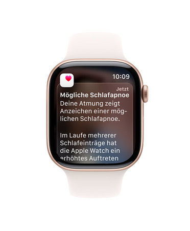 Apple Watch Series 11, Farbe Roségold, Aluminiumgehäuse, ausführliche Schlafapnoe Mitteilung, rechte Seitenansicht, Digital Crown, Sportarmband, Farbe Blassrosa
