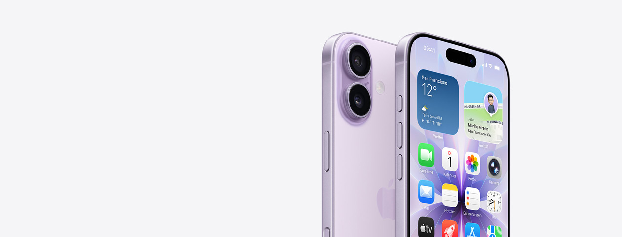 iPhone 17 in Lavendel, Vorderseite mit teilweise angezeigtem Homescreen, Seitenansicht zeigt Actiontaste und Lautstärketasten. Rückseite mit Dual Fusion Kamera-System oben links, Taste zur Kamerasteuerung
