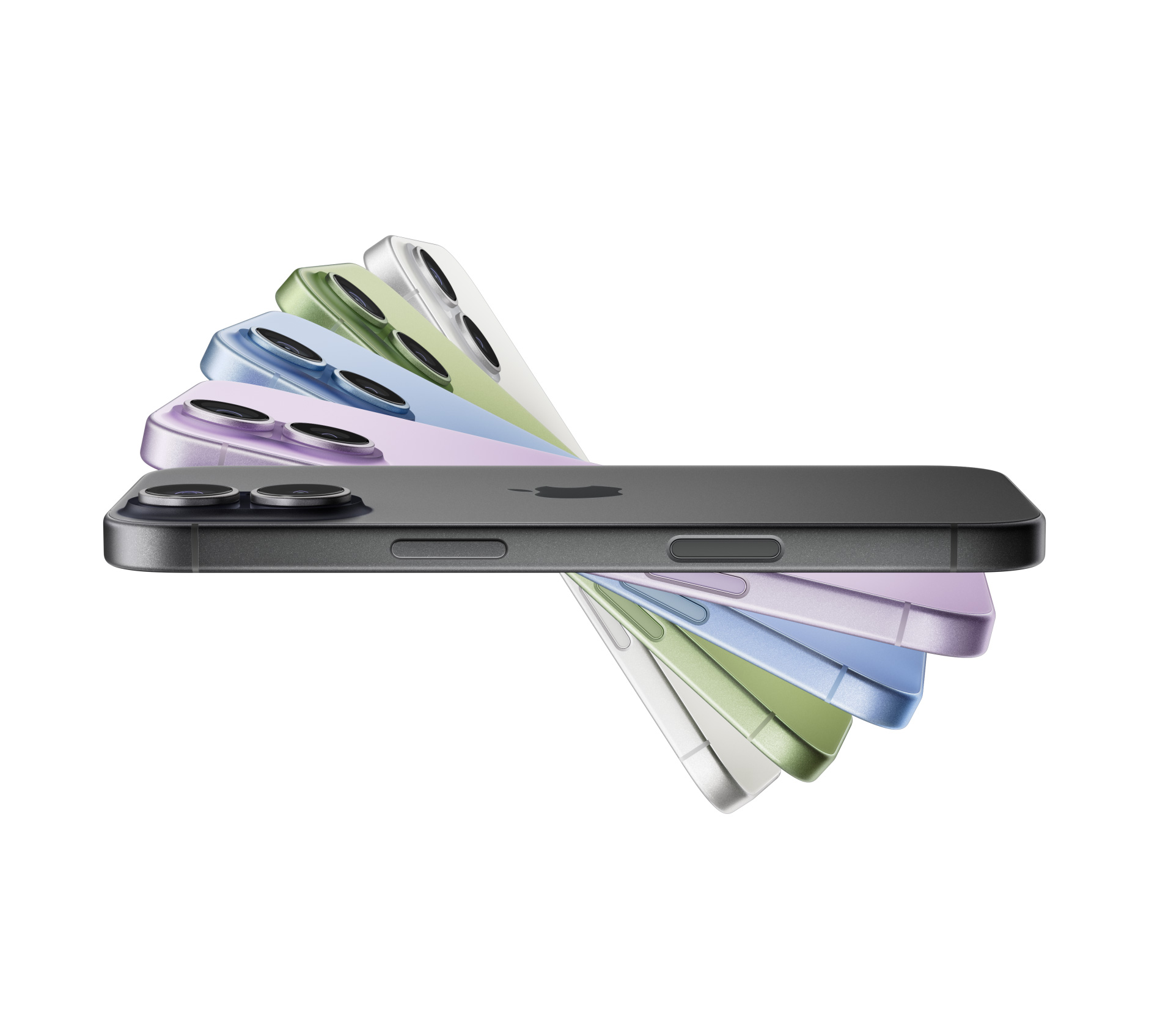 iPhone 17 seadmed lehvikuna, värvitoonid: must, lavendel, udusinine, salvei, valge
