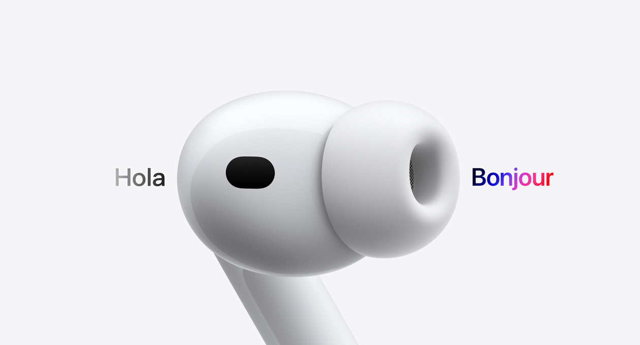 AirPods Pro 3, écouteur avec embout en silicone, Traduction en direct remplace le texte en espagnol « hola » par le texte en français « bonjour »
