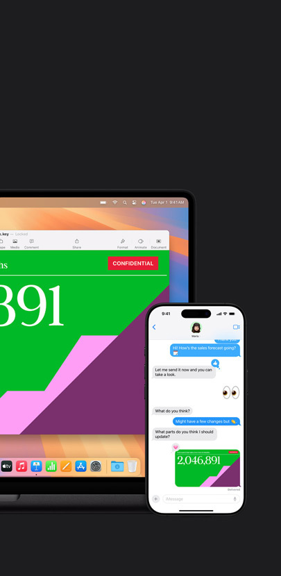 Ein Mac mit einer Präsentation. Vor dem Mac ist ein iPhone mit einem Textnachrichtengespräch und einer geteilten Präsentation.