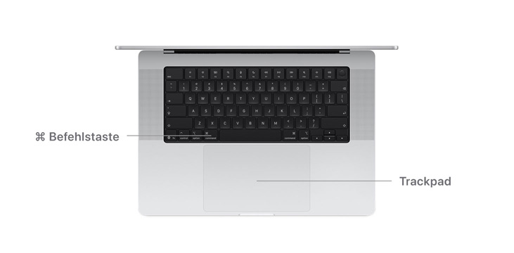 Draufsicht auf ein 14" MacBook Pro mit Linien, die anzeigen, wo sich die Befehlstaste und das Trackpad befinden.