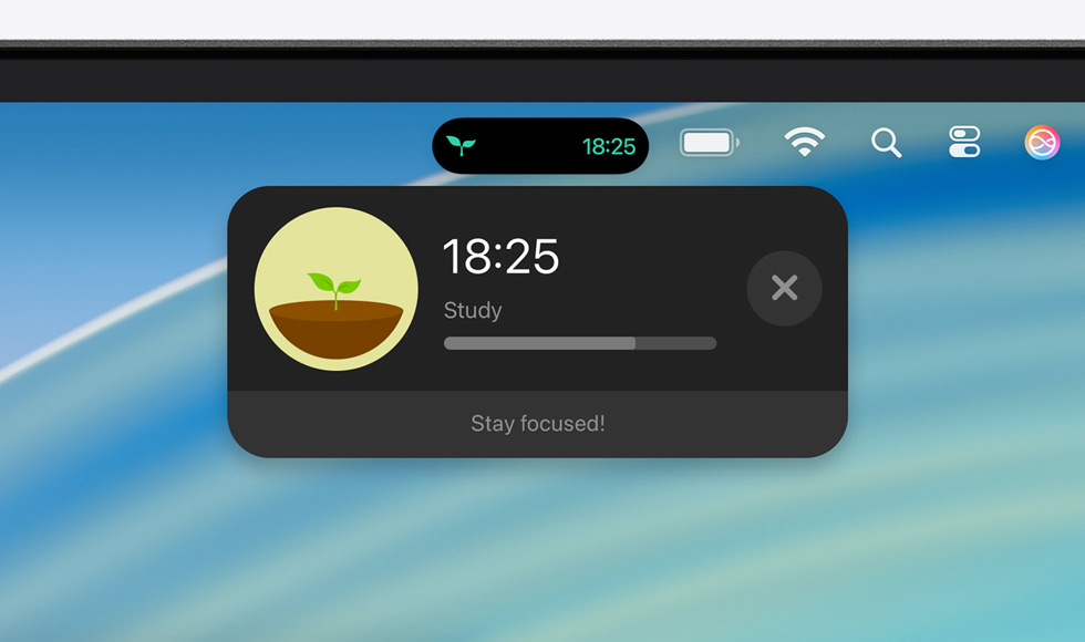 Øvre del av skjermen på en Mac viser menylinjen med en oppdatering i sanntid for Forest.
