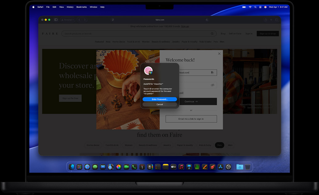Safaria selaavaa käyttäjää kehotetaan kirjautumaan verkkosivustolle Touch ID:n avulla