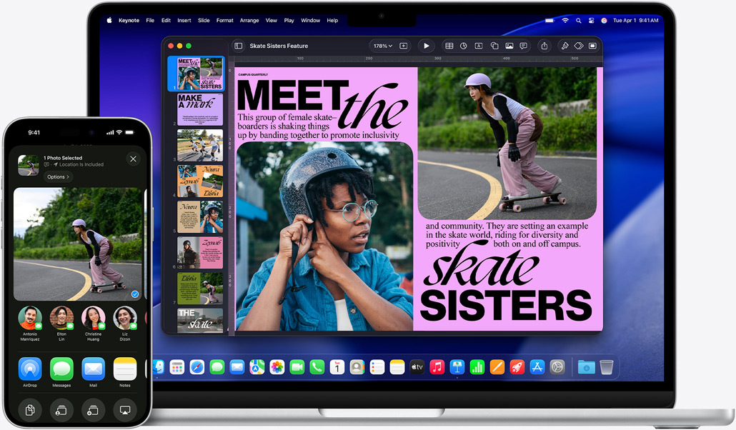 iPhone 16 Plus mit geöffneter Foto App, 13" MacBook Air mit einer geöffneten Keynote Folie, das Foto vom iPhone ist auf der Folie zu sehen