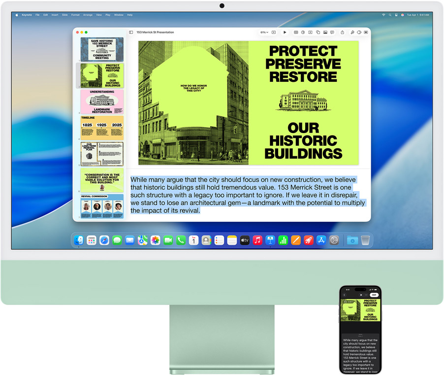 iMac und iPhone 16 Plus, Keynote App ist auf dem iMac geöffnet, Folie und Vortragsnotizen sind auf dem iPhone zu sehen
