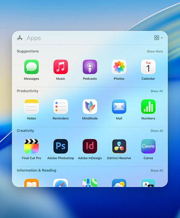 Sökmenyn i Spotlight visar appar inom kategorierna tillbehör, socialt, produktivitet och finans, underhållning samt information och läsning.