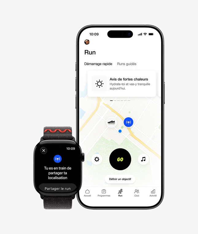 Apple Watch Series 11, partage de la localisation à l’écran, iPhone 17, carte d’une course en extérieur dans l’app Nike Run Club