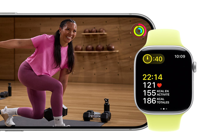 L’Apple Watch Series 11 suit votre entrainement pendant que l’iPhone lit une vidéo d’entraînement Fitness+