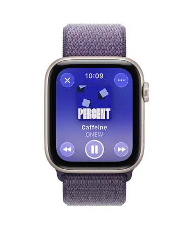 Apple Watch SE 3, aluminum case, starlight color, media playback, Apple Music, right side, Digital Crown, band, Sport Loop, purple fog color