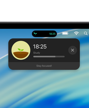 Top of Mac device screen showing the menu bar with an expanded Live Activity for Forest