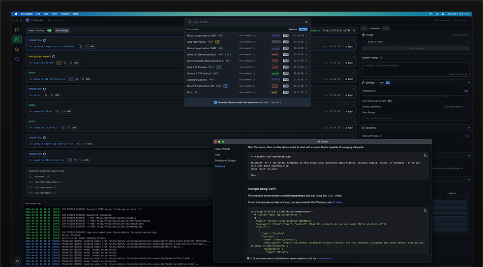 M3 Ultra chipes Mac Studio, amely az LM Studiót és az Apple MLX-et használja a tanulási modellek ellenőrzésére