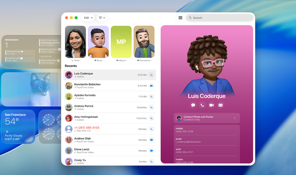 Zárolási képernyő, amelyen a FaceTime app van megnyitva a legutóbbi hívások listájával egy Genmojit és a kontakt nevét tartalmazó kontaktkártya mellett