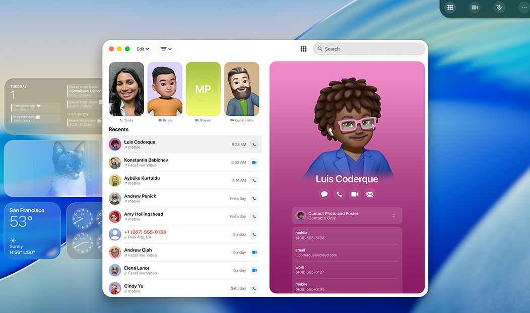 MacBook Pro, aplikasi Telepon terbuka, sebuah kontak ditampilkan dari panggilan terbaru