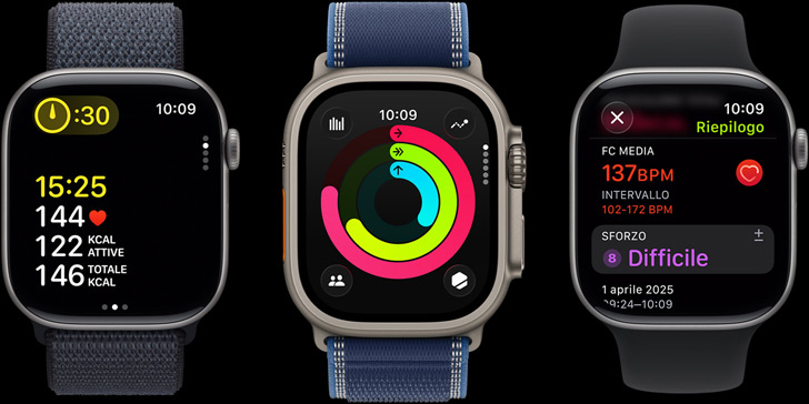Tre Apple Watch che mostrano rispettivamente i parametri di un allenamento, gli anelli Attività e le informazioni post- allenamento