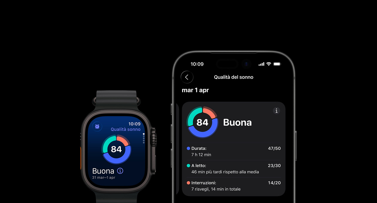 Grafico circolare e punteggio della Qualità del sonno su Apple Watch Ultra 3, analisi completa aperta sull’iPhone abbinato