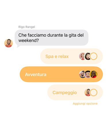 Primo piano della nuova funzione di sondaggi in Messaggi con le persone nella chat di gruppo che votano dove passare il weekend