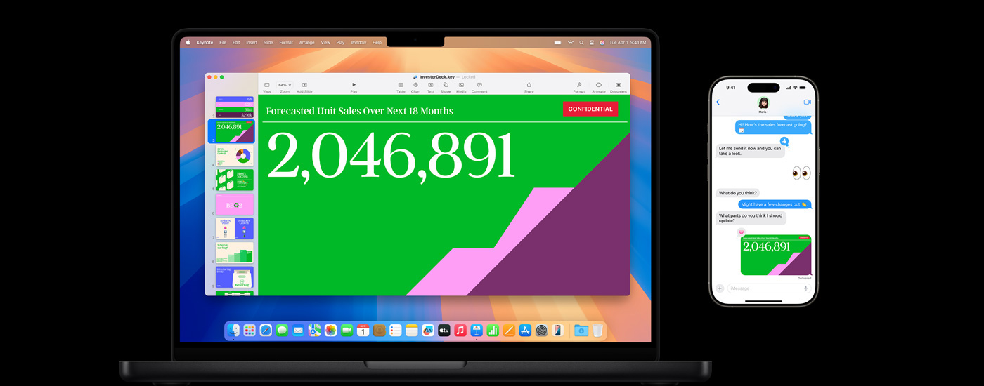 Mac 화면에 프레젠테이션이 떠 있고, iPhone에서는 프레젠테이션 링크와 함께 문자를 주고 받는 모습.