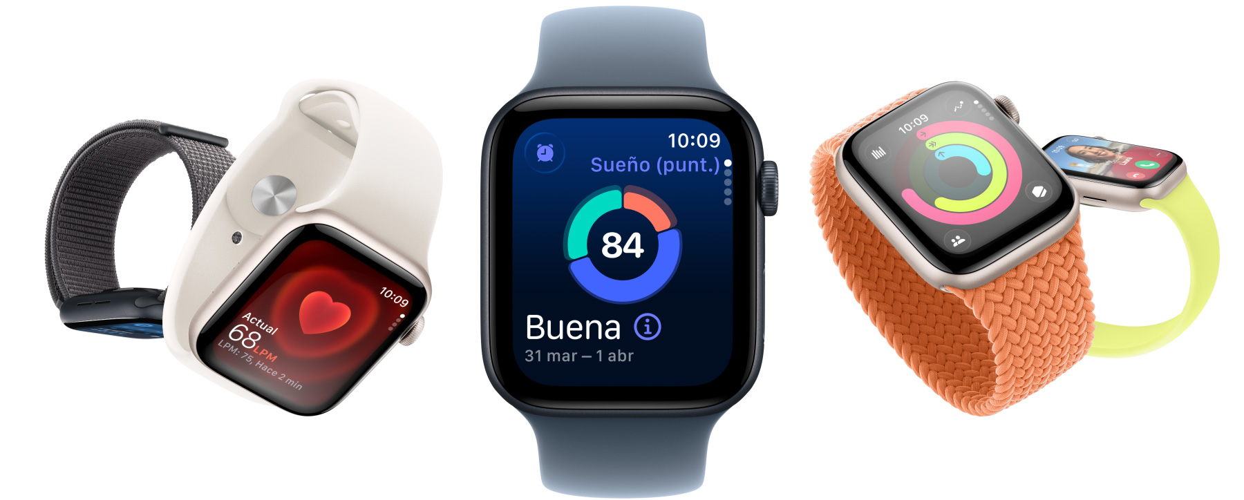 Apple Watch SE 3 con cajas de aluminio disponibles en los colores blanco estelar y medianoche, con apps como Signos Vitales, Frecuencia Cardiaca, Puntuación de Sueño, círculos de Actividad y llamada entrante