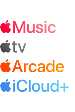 Logotipos de servicios de suscripción de Apple, como Apple Music, Apple TV, Apple Arcade y iCloud