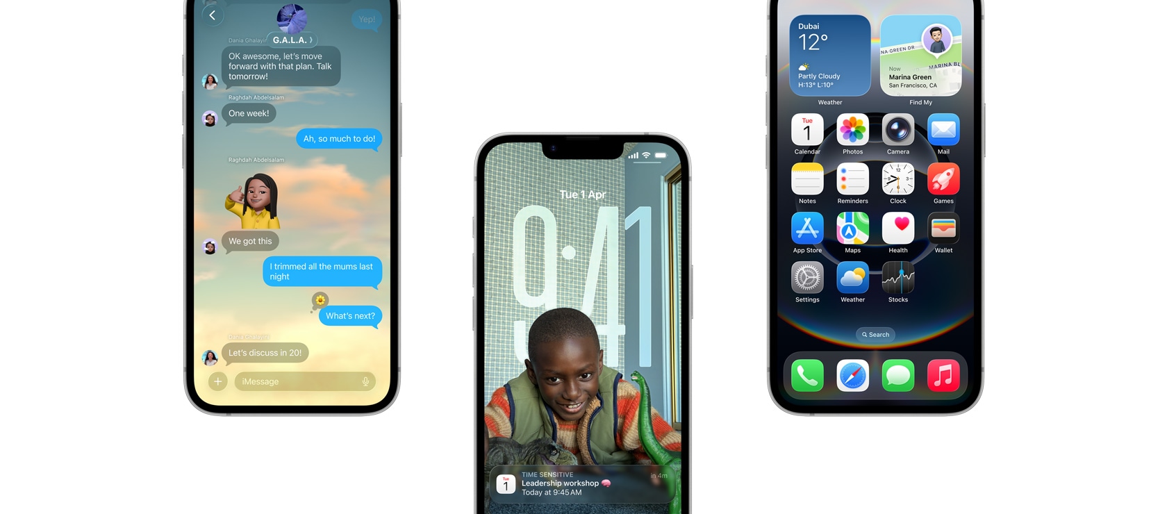Three iPhone 16e devices, front exterior, partial view, iOS 26 features - iPhone screen showing Messages, Calendar pop-up on personalized Lock Screen, Home Screen with various apps displayed.