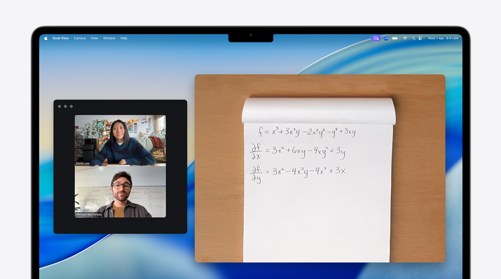 Video call on MacBook Air of a person using the Desk View feature to show a math equation to a person on the call, Desk View lets them show their workspace and their face simultaneously