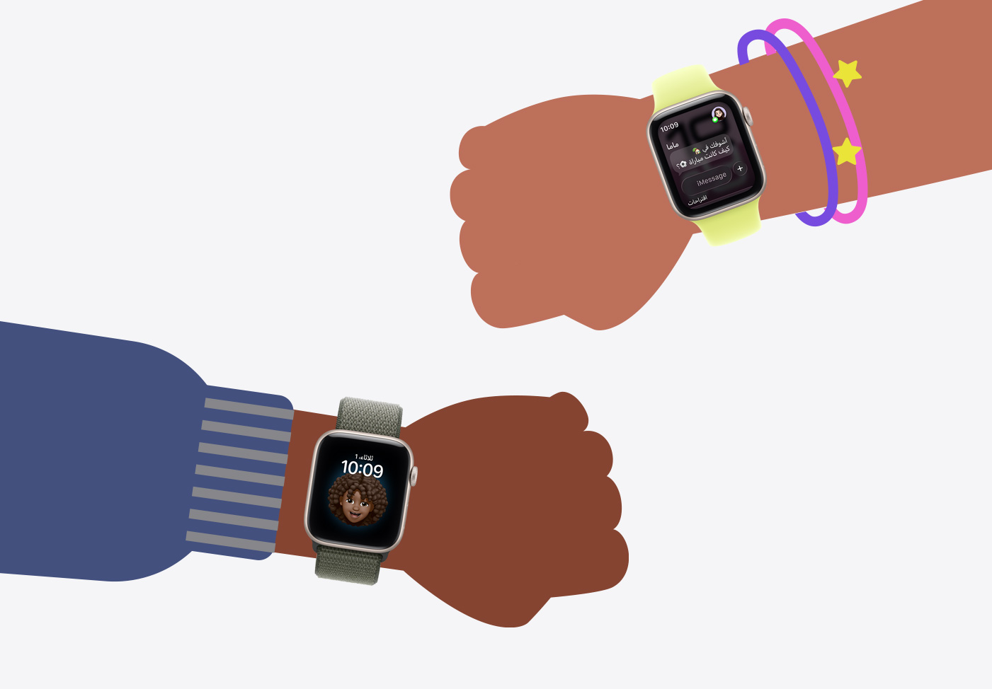 Apple&nbsp;Watch&nbsp;لأطفالك، رسم كرتوني لمعصم طفل يرتدي Apple&nbsp;Watch&nbsp;SE&nbsp;3‏