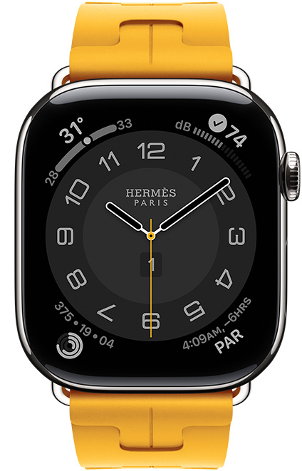 Apple Watch Hermès Series 11, Circulaire analog watch face (hour, minute, second hands, complications: Weather, activity rings, Paris time, Noise), titanium case, silver color, right side exterior, Digital Crown, paired with Kilim Single Tour band, jaune color (canary yellow), fluoroelastomer rubber material