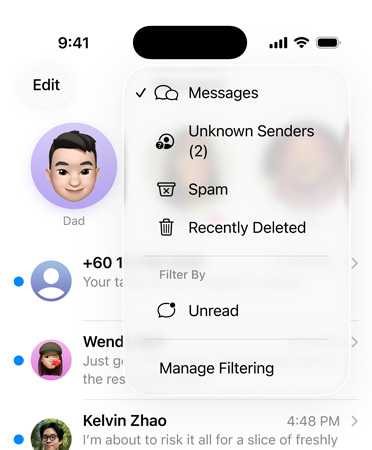 Messages app showing new screening tools feature that now filters unknown numbers into a section called Unknown Senders