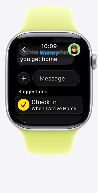 Apple Watch Series 11, aluminum case, silver color, Check In suggestion in iMessage, Sport Band, neon yellow color