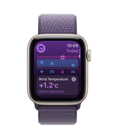Apple Watch SE 3, aluminium case, starlight colour, wrist temperature metrics, right side exterior, Digital Crown, Sport Loop, purple fog colour