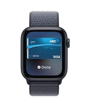 Apple Watch SE 3, aluminium case, midnight colour, Apple Pay in Apple Wallet, right side exterior, Digital Crown, band, Sport Loop, anchor blue colour