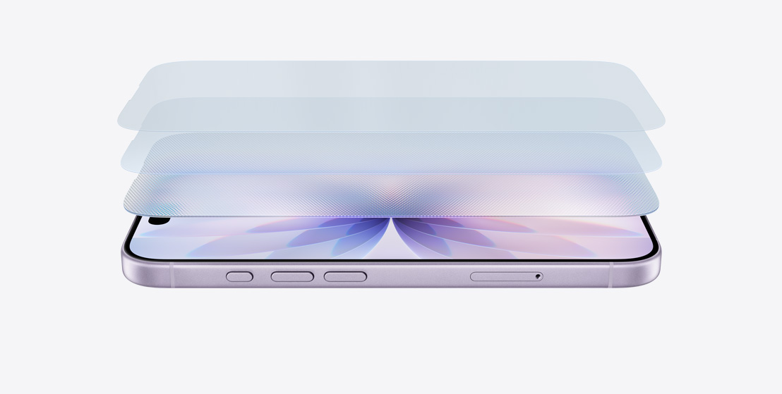 iPhone 17 สีลาเวนเดอร์ที่วางตะแคงข้างในแนวนอน, แสดงให้เห็นดีไซน์ที่ซ้อนกันเป็นชั้นๆ ของ Ceramic Shield 2