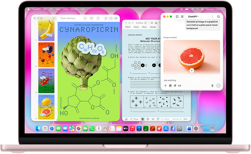 MacBook Neo, blush color, using ChatGPT to generate image of grapefruit, other windows contain a Keynote document titled molecule posters with images of fruits and vegetables and associated molecular compounds, and a related Microsoft Word document