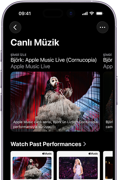 iPhone’da Şimdi İzle ve eski performansların yanı sıra Apple Music En İyi 100 Albüm gibi özel içeriklerin gösterildiği Apple Music Live ekranı