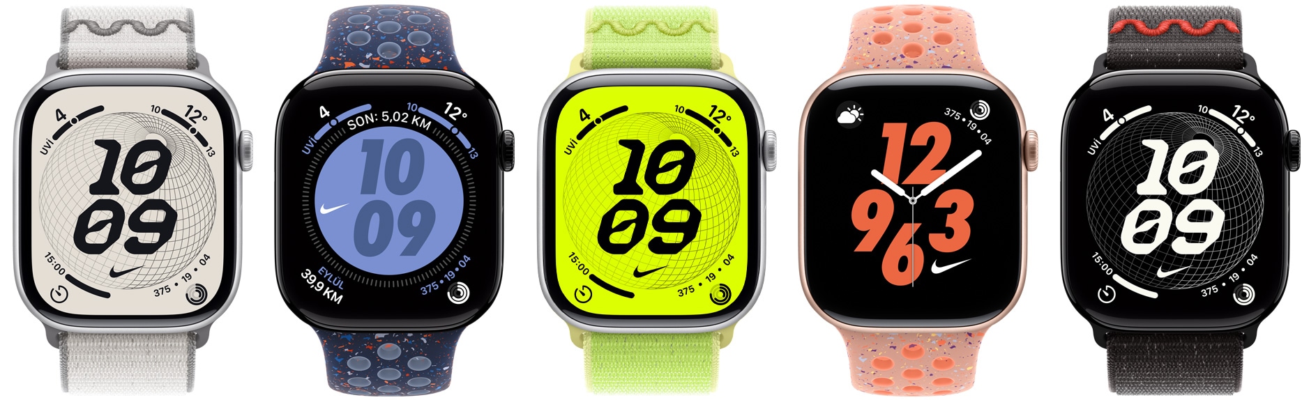 Farklı Nike kayışlara ve Nike saat kadranlarına sahip Apple Watch aygıtları