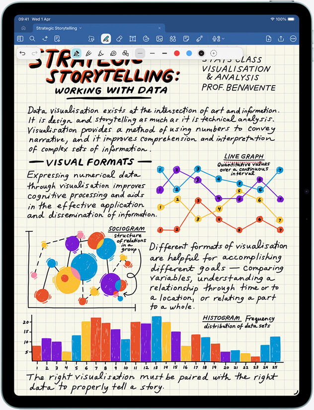 iPad Air in portrait orientation, notes and images on screen