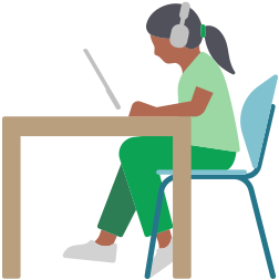 Una mujer sentada en un escritorio usa unos AirPods Max y un iPad