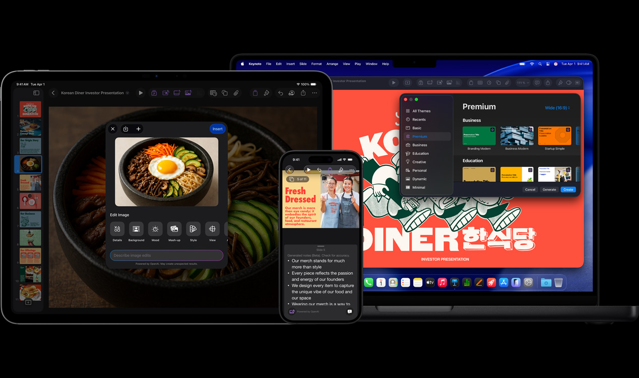 iPad Pro 13 screen showing Keynote with generative imagery of a bowl of vegetables and a fried egg, iPhone 16 screen showing Keynote with photo of two women and presenter notes, MacBook Pro 16 screen showing Keynote of a presentation with the Theme window open